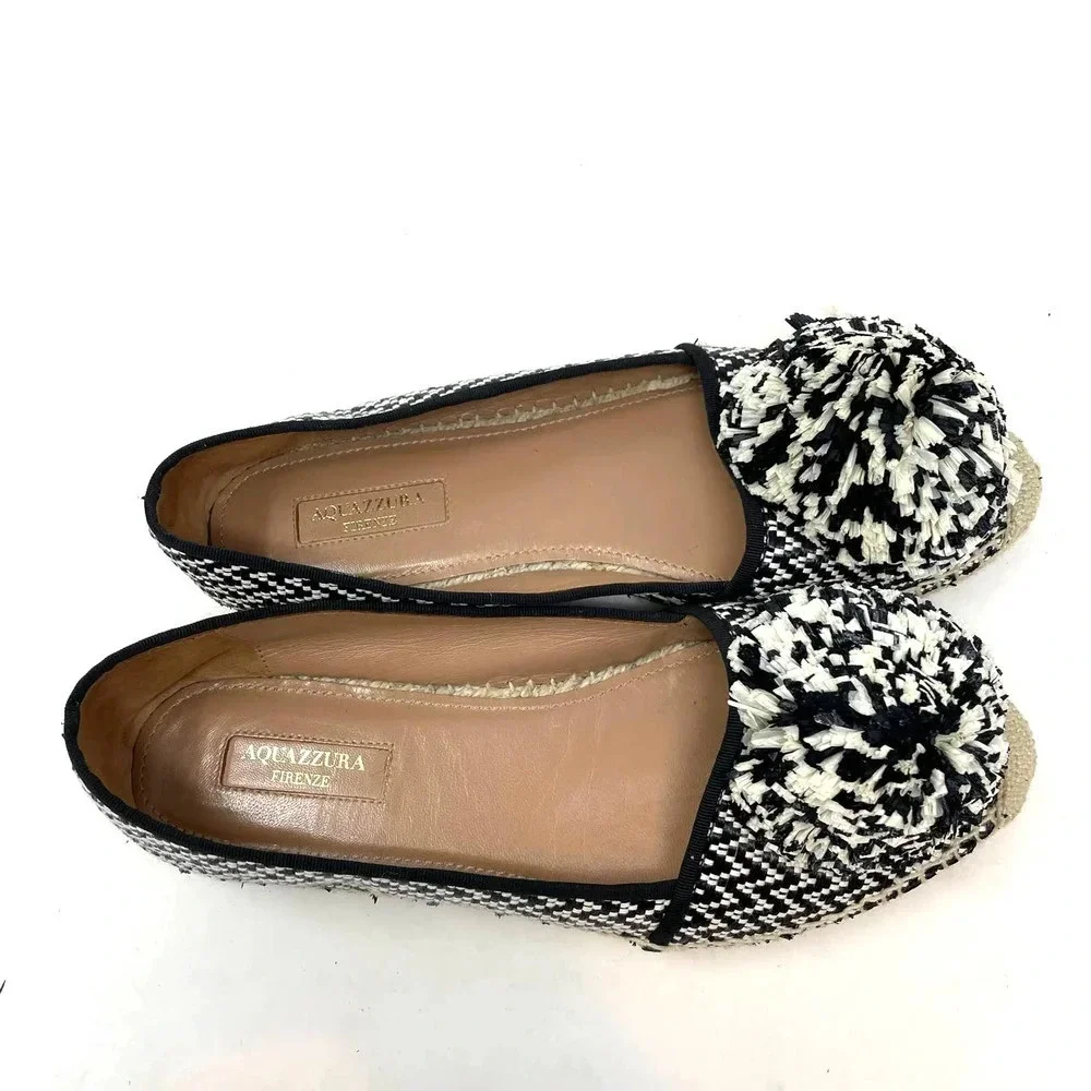 Aquazzura Pom Raffia Espadrille Flats Herringbone Black White Size 39 US‎ 9